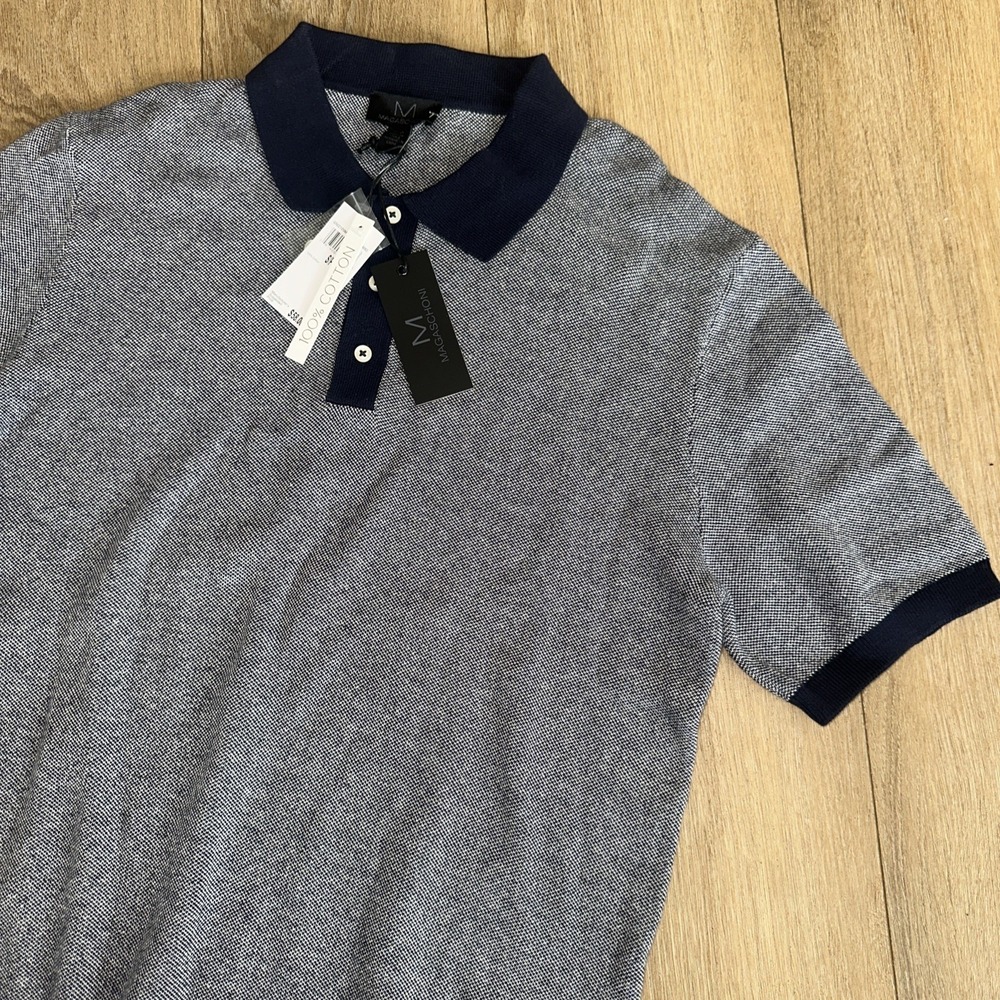 Magaschoni Sweater Men's S/S Small Knit Pullover Golf Blue Tweed Collar Preppy